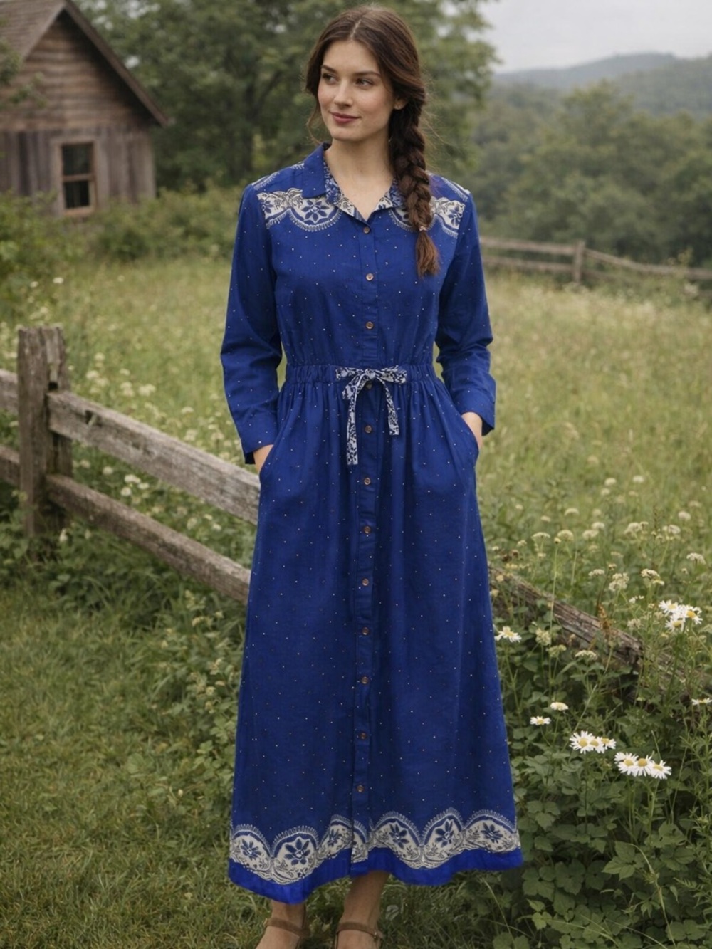 Anne Marie Size 12 Prairie Blue Floral Button Front Cotton Maxi Dress